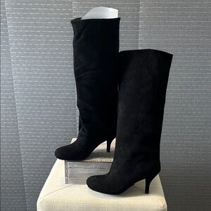 Black Suede Pull On Knee-High Square Toe Boots